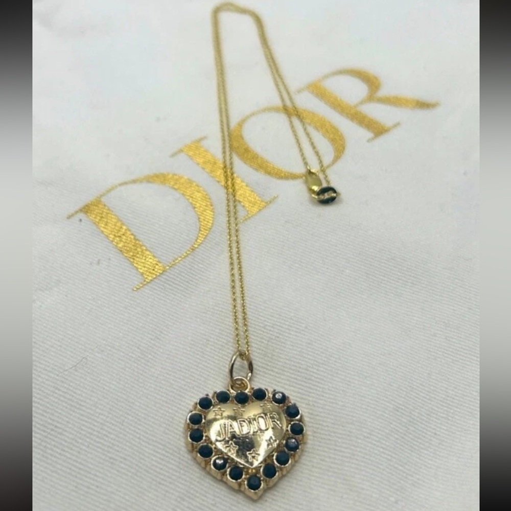 DIOR “J'Adior” Charm Pendant Stamped Gold Heart w/ Black Stones - Picture 4 of 8